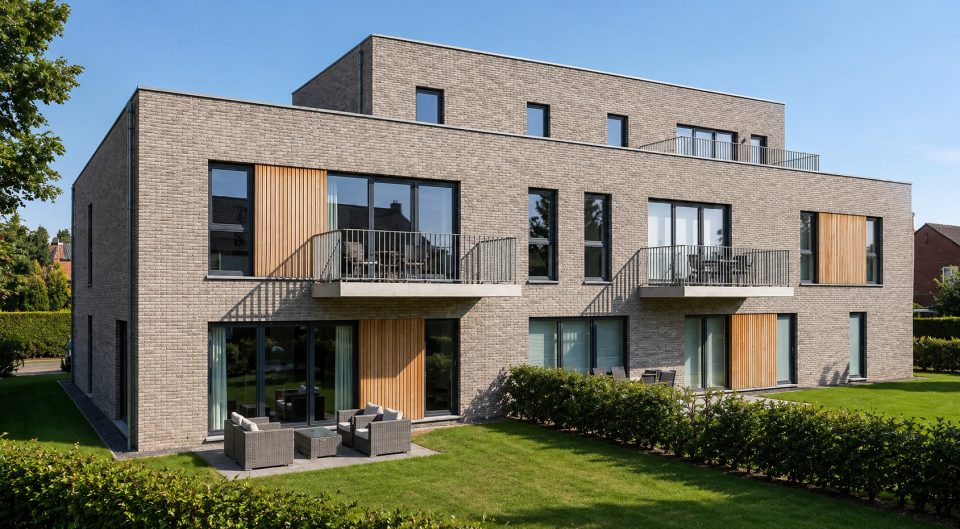 Rendu 3D de la Résidence de la Forge à Bierwart, côté jardin : terrasses du rez-de-chaussée et balcons du 1er étage