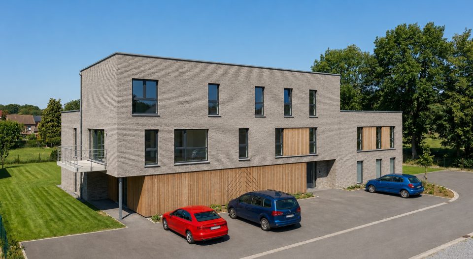 Rendu 3D de la Résidence de la Forge à Bierwart, côté rue : l’immeuble et ses emplacements de parking, briques ton gris clair, bardage en bois naturel et menuiseries gris anthracite
