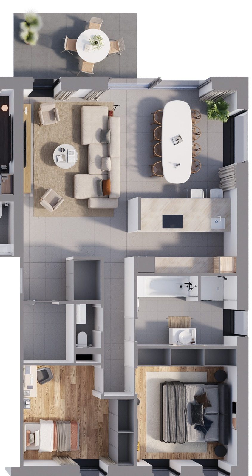 Plan 3D de l’appartement 2, 2 chambres, rez-de-chaussée, Résidence de la Forge à Bierwart, avec sa terrasse côté jardin