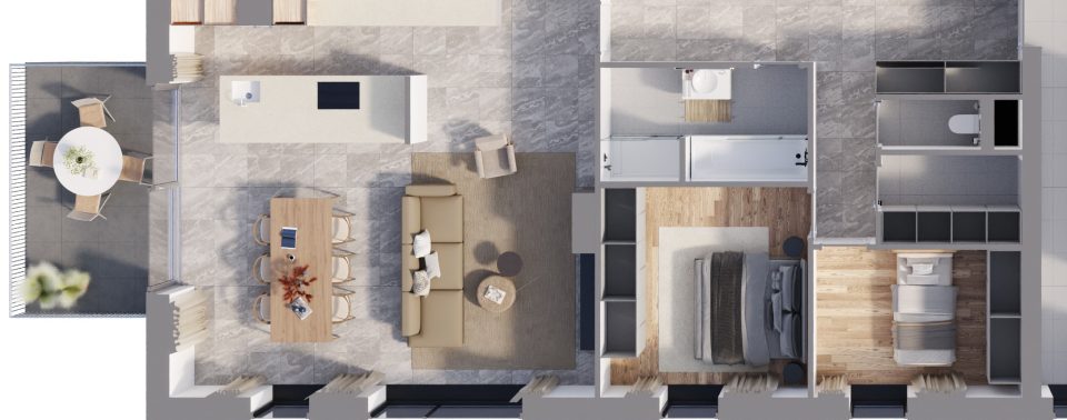 Plan 3D de l’appartement 3, 2 chambres, 1er étage, Résidence de la Forge à Bierwart, avec sa balcon sur le pignon gauche