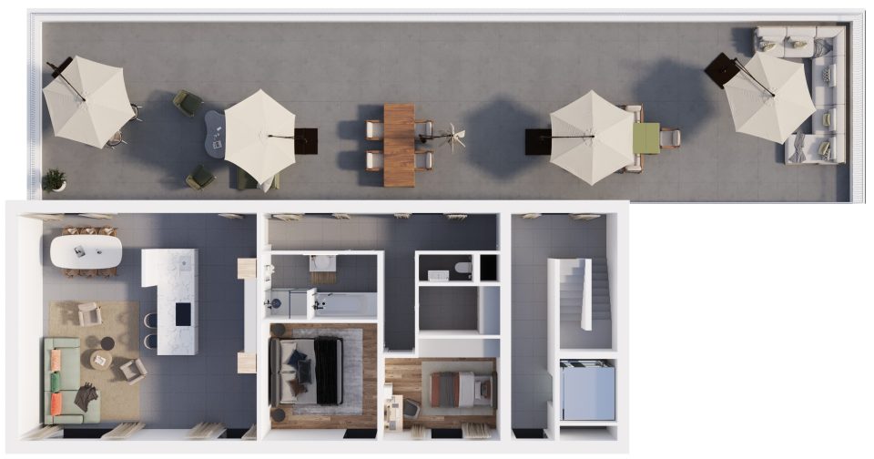 Plan 3D de l’appartement 6, 2 chambres, 2e étage, Résidence de la Forge à Bierwart, avec sa grande terrasse sur le toit