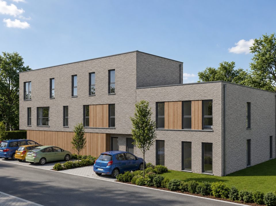 Rendu 3D de la Résidence de la Forge à Bierwart, vue depuis la rue de la Forge : briques ton gris clair, bardage en bois naturel et menuiseries gris anthracite, toits plats